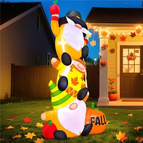 6FT Thanksgiving Inflatables Decorations Blow Up Three Gnomes with Pumpkin - Picture 5 of 7